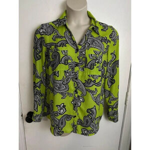 NY Collection neonGreen Black Womens Paisley Print Button Front Top Size M #0600